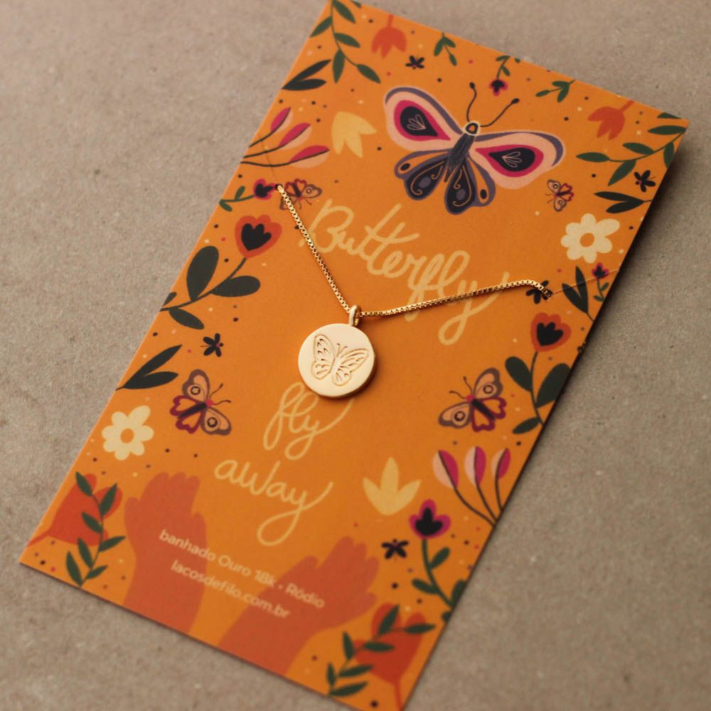 Colar Medalha Butterfly Fly Away Borboleta Banho Ouro 18k